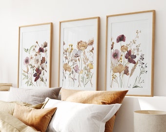 Watercolor Wildflower Print Set: Botanical Triptych Wall Art