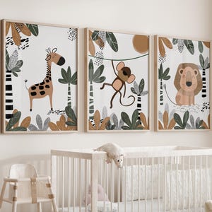 Jungle Nursery Wall Art Set of 3, Kids Room Wall Art, Cute Animal Prints, Nursery Wall Decor, Childrens Room Art, Boho Nursery Posters Set