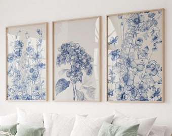 Blue Chinoiserie Floral Art Prints: Set of 3 Botanical Wall Decor