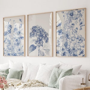 Blue Chinoiserie Wall Art, Printed and Shipped Living Room Decor, Minimalist Prints Set of 3 Apartment Wall Decor, Modern Blue Botanical Art
