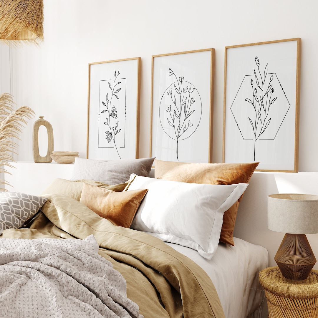 Flower Line Art Prints, Above Bed Wall Decor, Boho Wall Art Set, Black ...