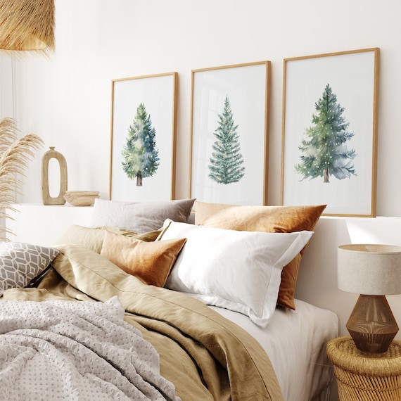 Christmas Watercolor, Evergreen Trees, Xmas Tree Wall Art, Rustic Christmas Art Decor, Set of 3 Christmas Tree Art, Painting Pine Trees Set