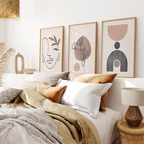 Mid Century Modern Set of 3, Boho Prints, Triptych Wall Art Abstract Set, Female Face Line Art, Earth Tone Wall Art, Boho Neutral Prints Set