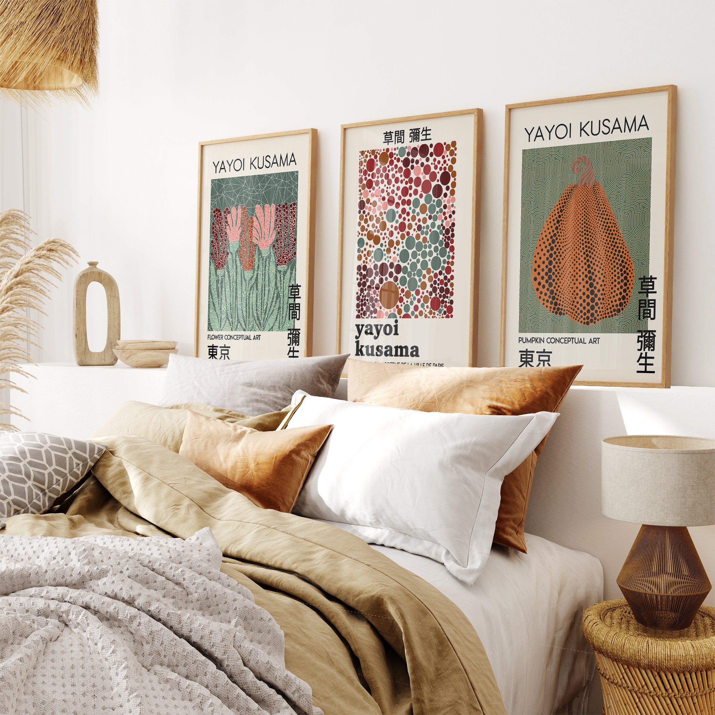 Yayoi Kusama Set of 3 Prints, Japanese Wall Art, Kusama Museum Exhibition, Apartment Decor, Pumpkin Kusama, 3 Piece Wall Art Vintage Kusama