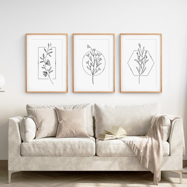 Flower Line Art Prints, Above Bed Wall Decor, Boho Wall Art Set, Black ...