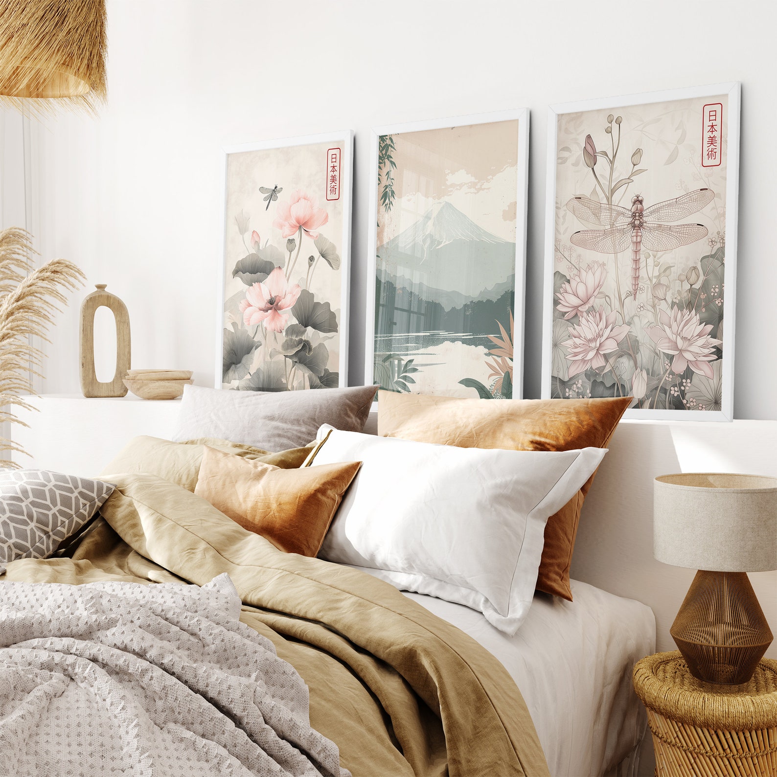 Japanese Lotus Flower Art Prints: Japandi Home Decor, Set of 3 - Etsy
