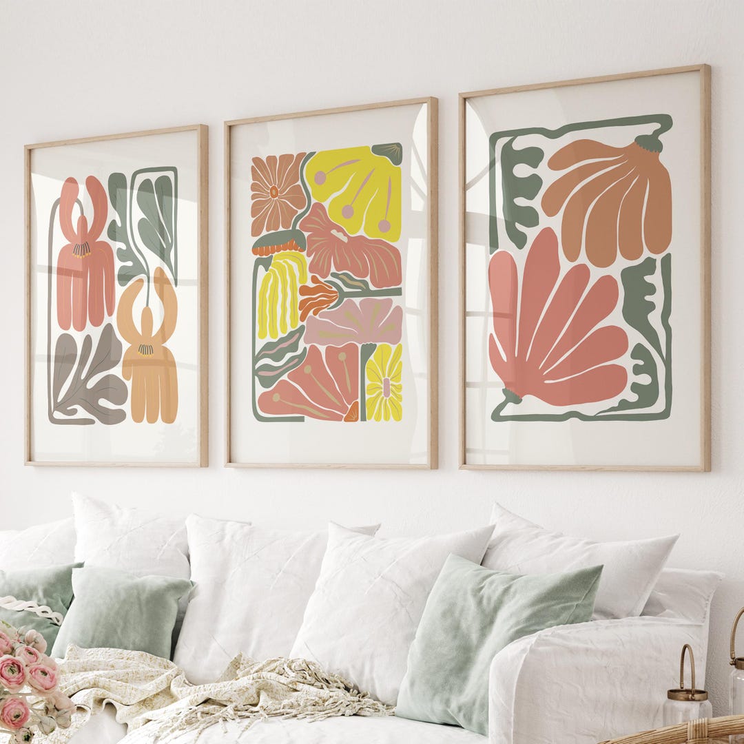 Abstract Boho Flowers Set of 3 Prints, Floral Wall Art, Terracotta ...