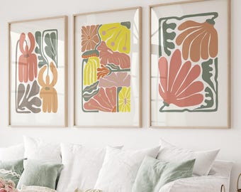 Abstract Floral Art Prints: Terracotta Boho Decor, Set of 3