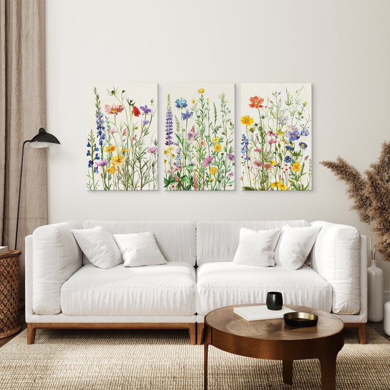 Wildflower Floral Wall Art, Watercolor Meadow Flowers Set of 3 Art ...