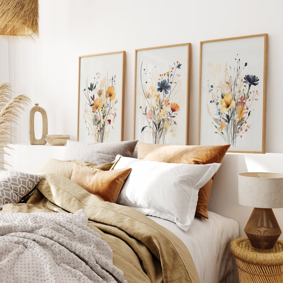 Set of 3 Neutral Watercolor Wildflower Prints, Botanical Art Decor ...