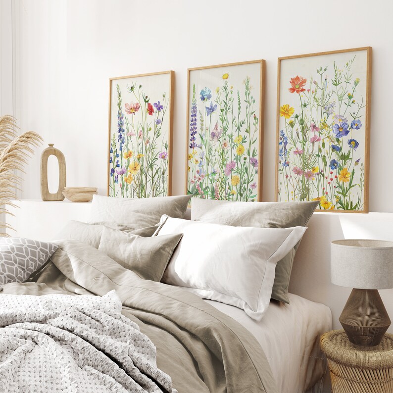 Wildflower Floral Wall Art, Watercolor Meadow Flowers Set of 3 Art ...