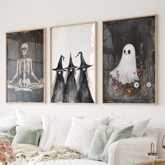 Dark Academia Print, Halloween Cute Skeleton Art, Witchy Wall Art Decor, Cute Ghost Poster, Spooky Home Decor, Nursery Vintage Halloween Set