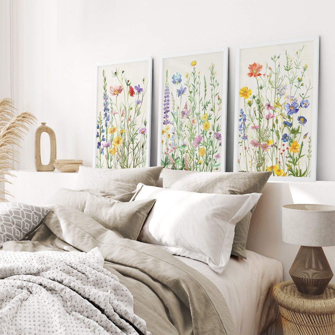 Wildflower Floral Wall Art, Watercolor Meadow Flowers Set of 3 Art ...