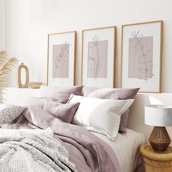 Botanical Line Art, Line Drawing Set, Neutral Wall Prints, Home Dorm Decor Art, Flower Wall Print, Girls Room Plants Line Art, Blush Pink