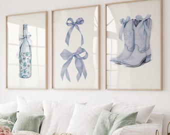 Blue Bow Art Prints: Coquette Dorm Decor Set of 3