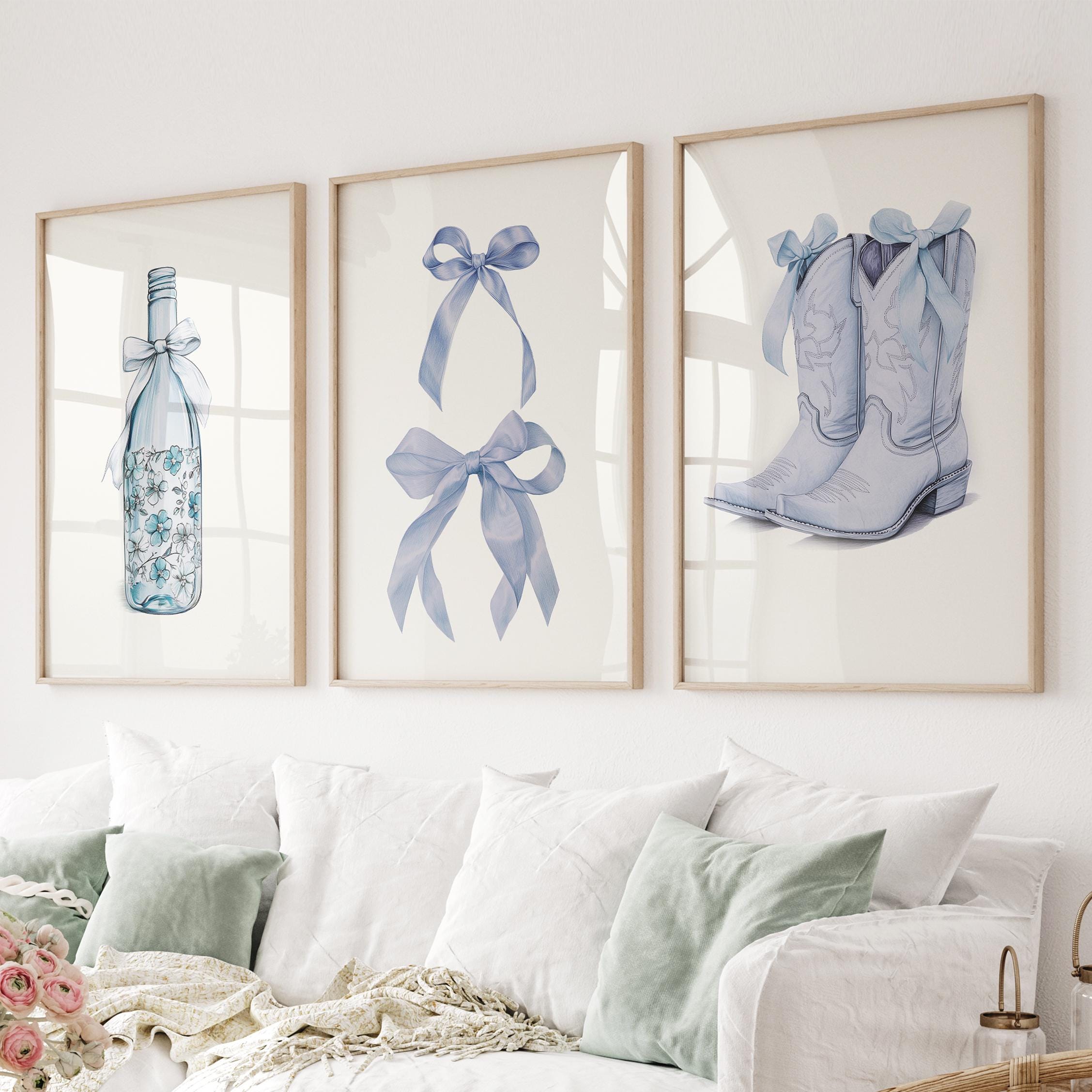Coquette Room Decor, Blue Aesthetic Set of 3 Wall Art, Bow Prints, Champagne Poster, Girly Dorm Decor, Light Blue Preppy Art Print Set