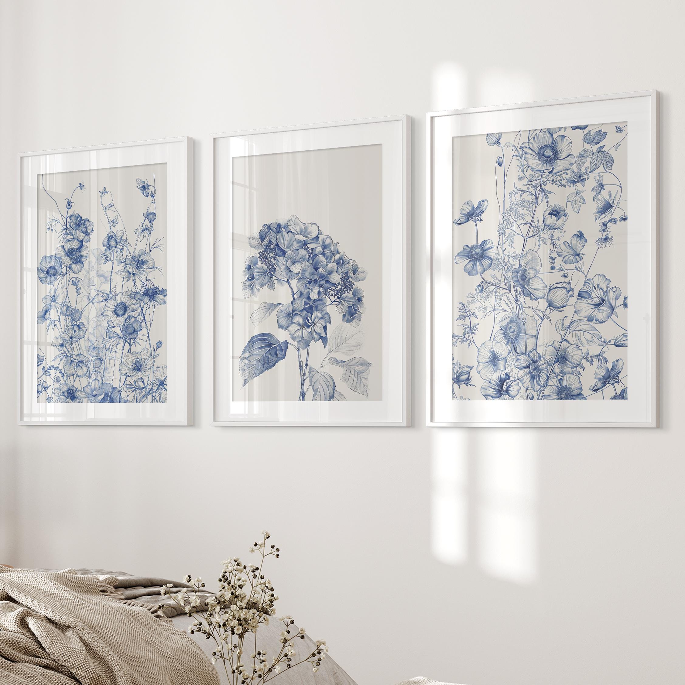 Blue Chinoiserie Floral Art Prints: Set of 3 Botanical Wall Decor - Etsy