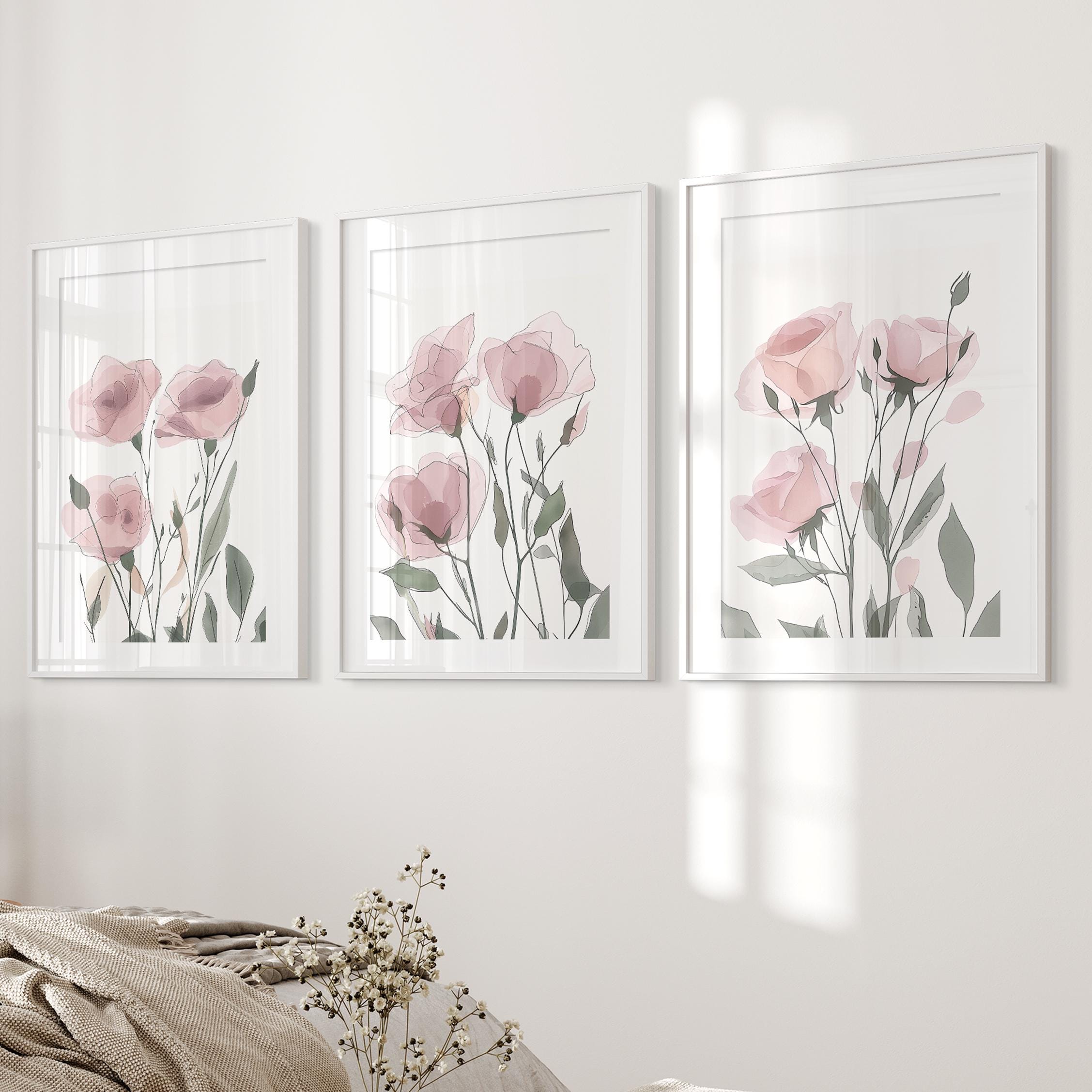 Watercolor Floral Prints: Blush Pink Flower Wall Art, Set of 3 - Etsy