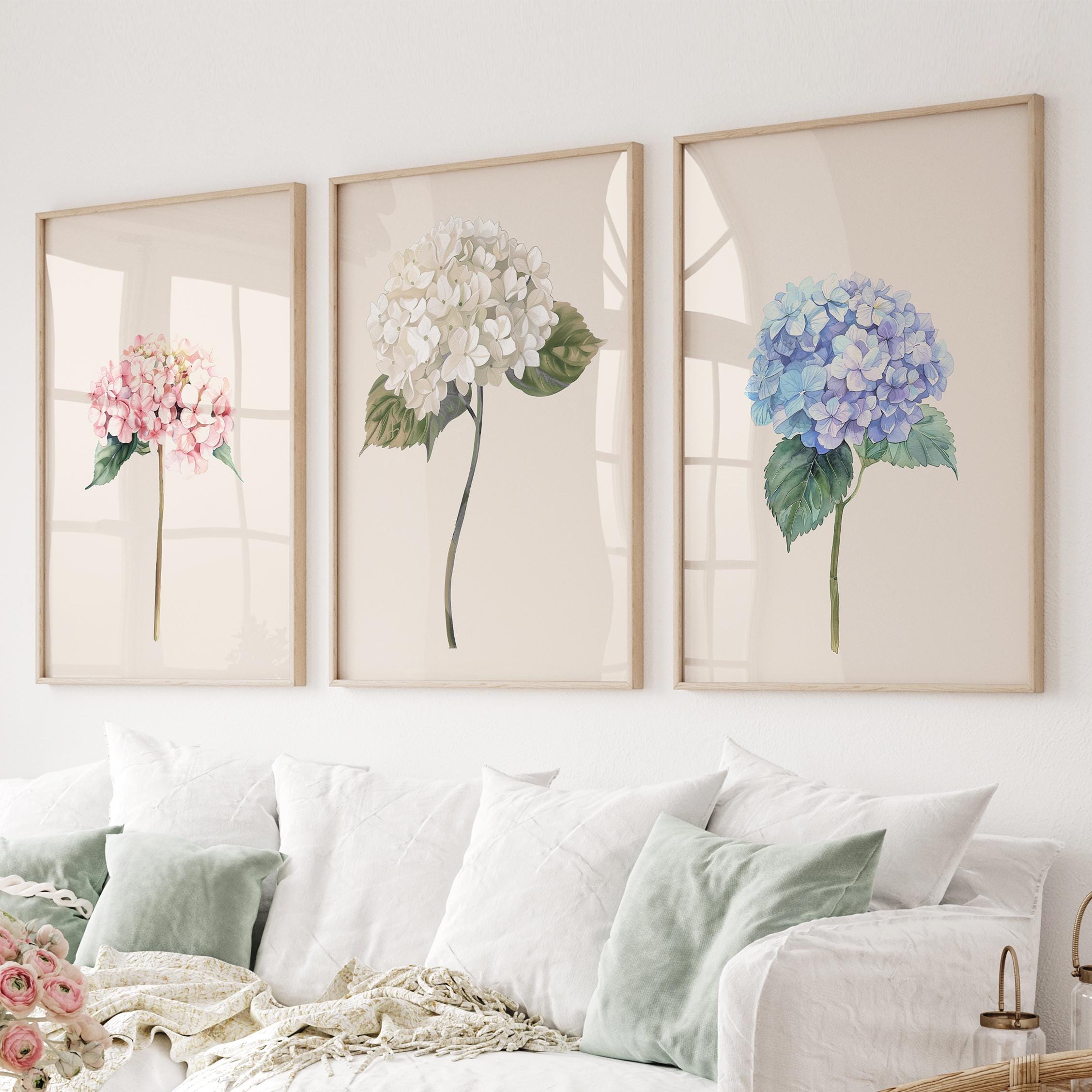 Hydrangea Set of 3 Prints: Vintage Floral Farmhouse Wall Art - Etsy