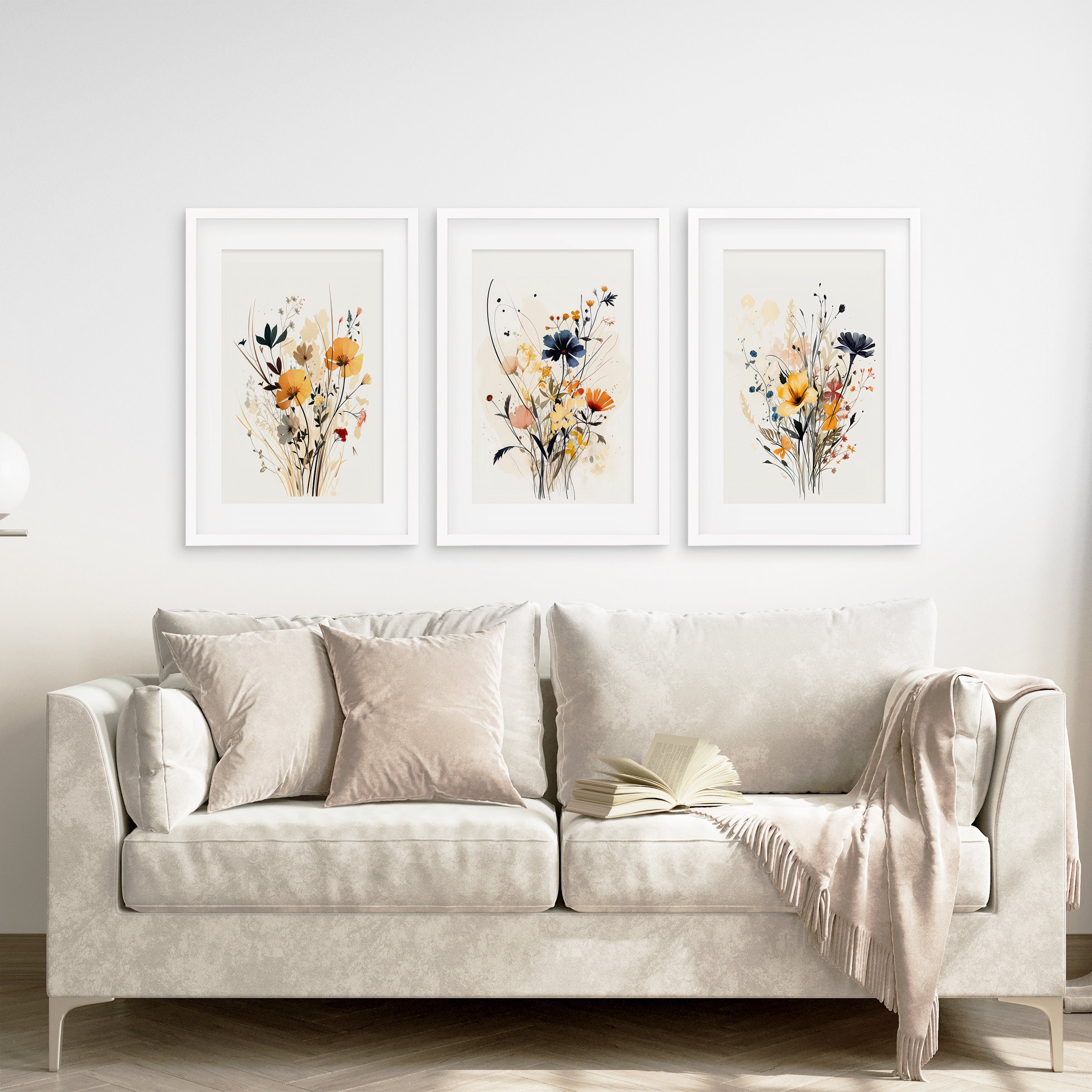 Set of 3 Neutral Watercolor Wildflower Prints, Botanical Art Decor ...