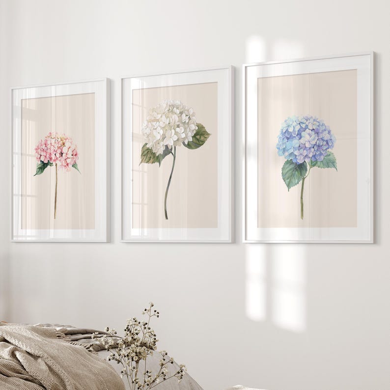 Hydrangea Set of 3 Prints: Vintage Floral Farmhouse Wall Art - Etsy