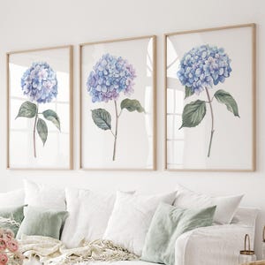 Hydrangea Set of 3 Light Blue Wall Art, Minimalist Flowers Triptych, Watercolor Botanical, New Home Gift, Blue Floral Prints, Above Bed Art