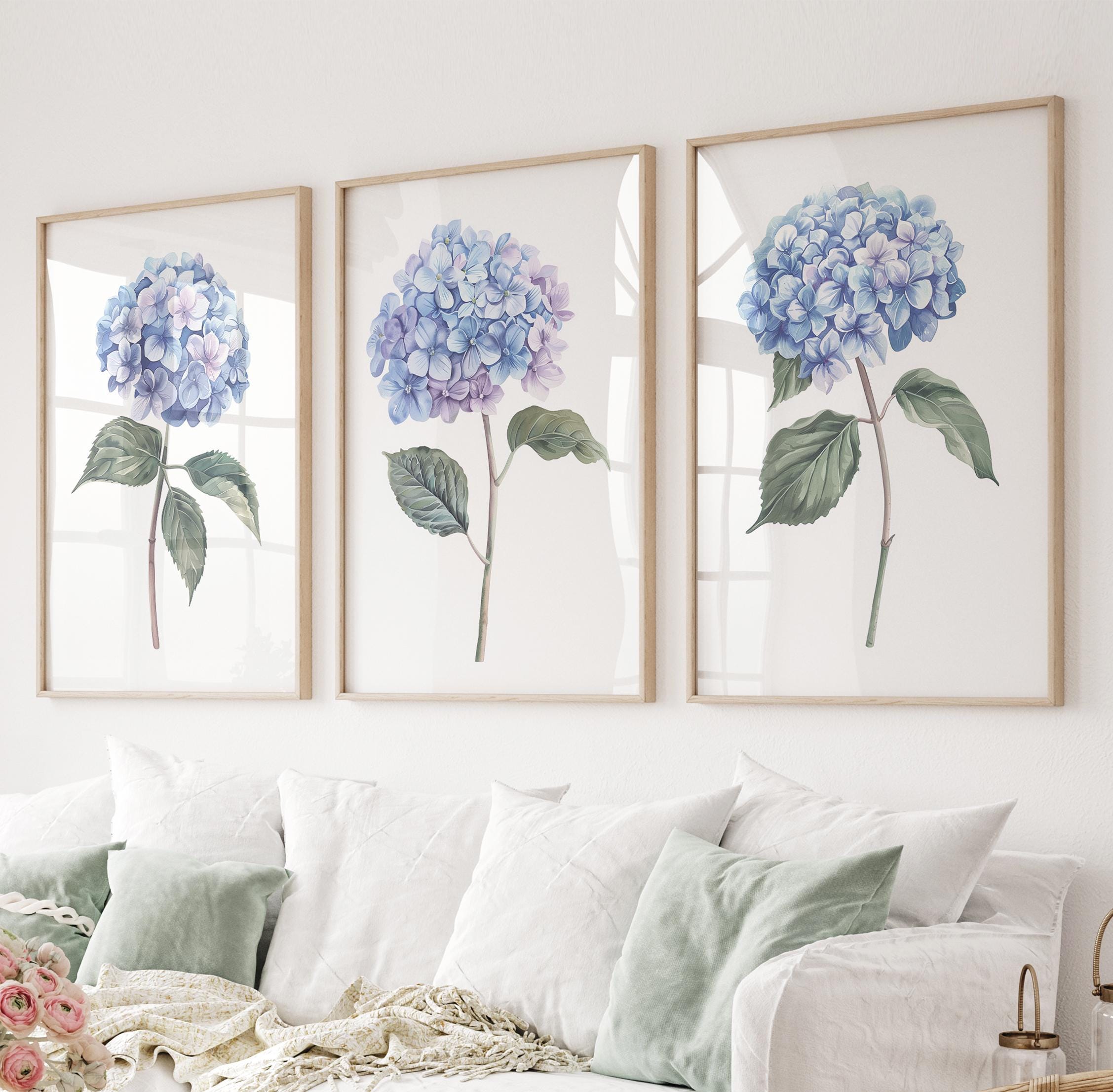 Hydrangea Triptych Wall Art: Light Blue Watercolor Floral Prints