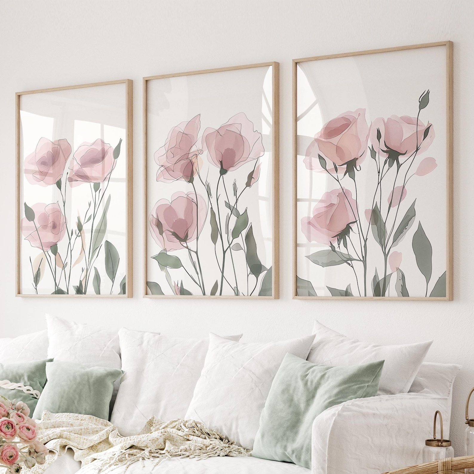 Watercolor Floral Prints: Blush Pink Flower Wall Art, Set of 3 - Etsy