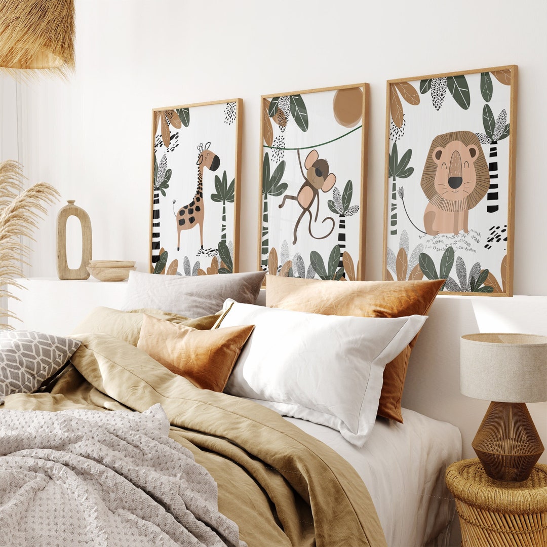 Jungle Nursery Wall Art Set of 3, Kids Room Wall Art, Cute Animal ...