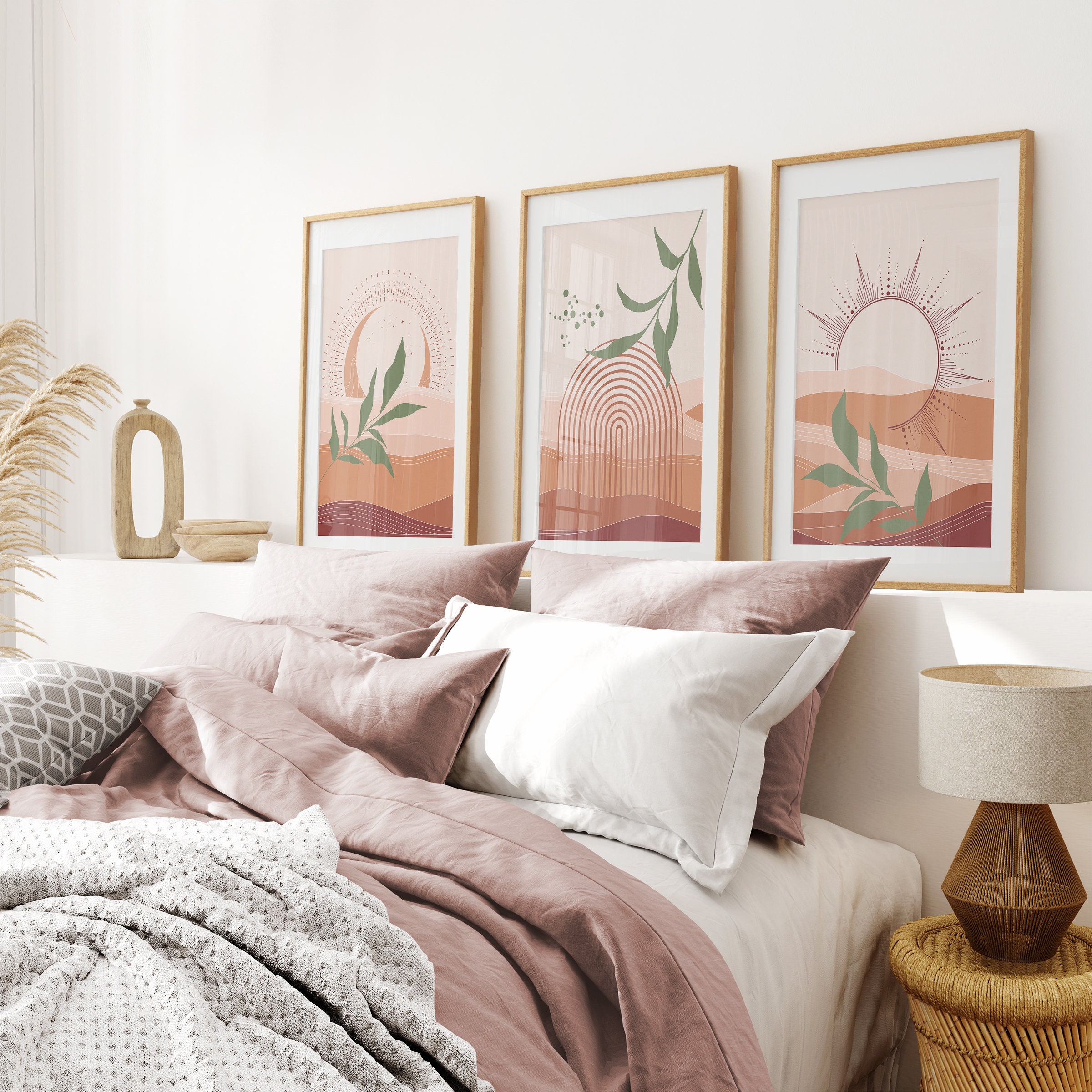 Boho Gallery Wall Art Prints: Terracotta Sun and Rainbow, Green 