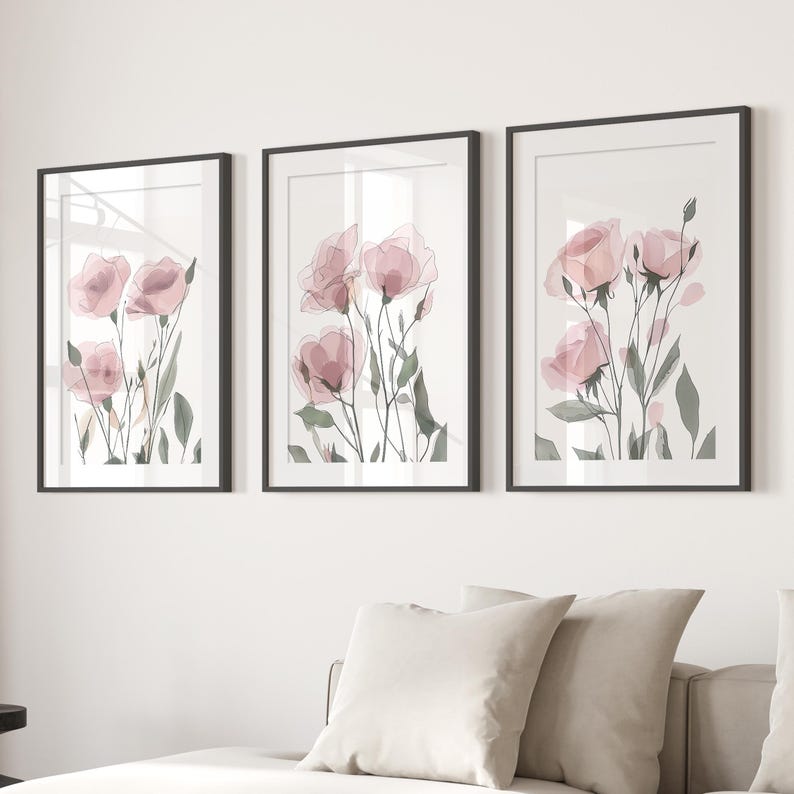 Watercolor Floral Prints: Blush Pink Flower Wall Art, Set of 3 - Etsy