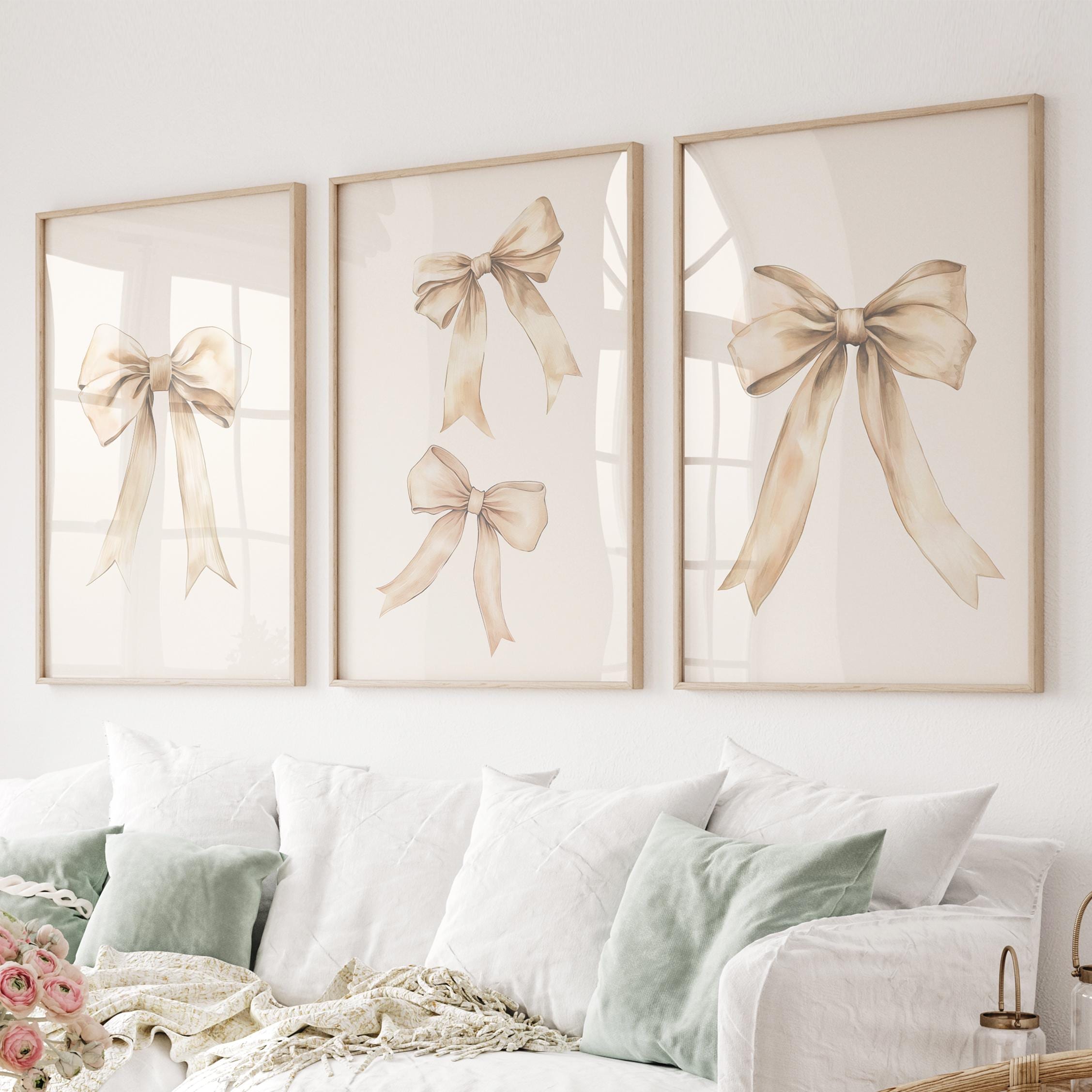Bow Print Wall Art, Beige Bow Print, Teen Room Decor, Bow Nursery Print, Cream Bow Set of 3 Wall Art, Trendy Aesthetic, Bows Nursery Art Set