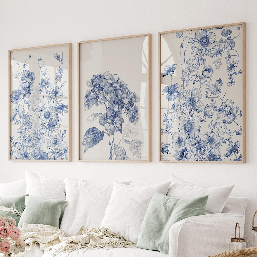 Blue Chinoiserie Floral Art Prints: Set of 3 Botanical Wall Decor - Etsy