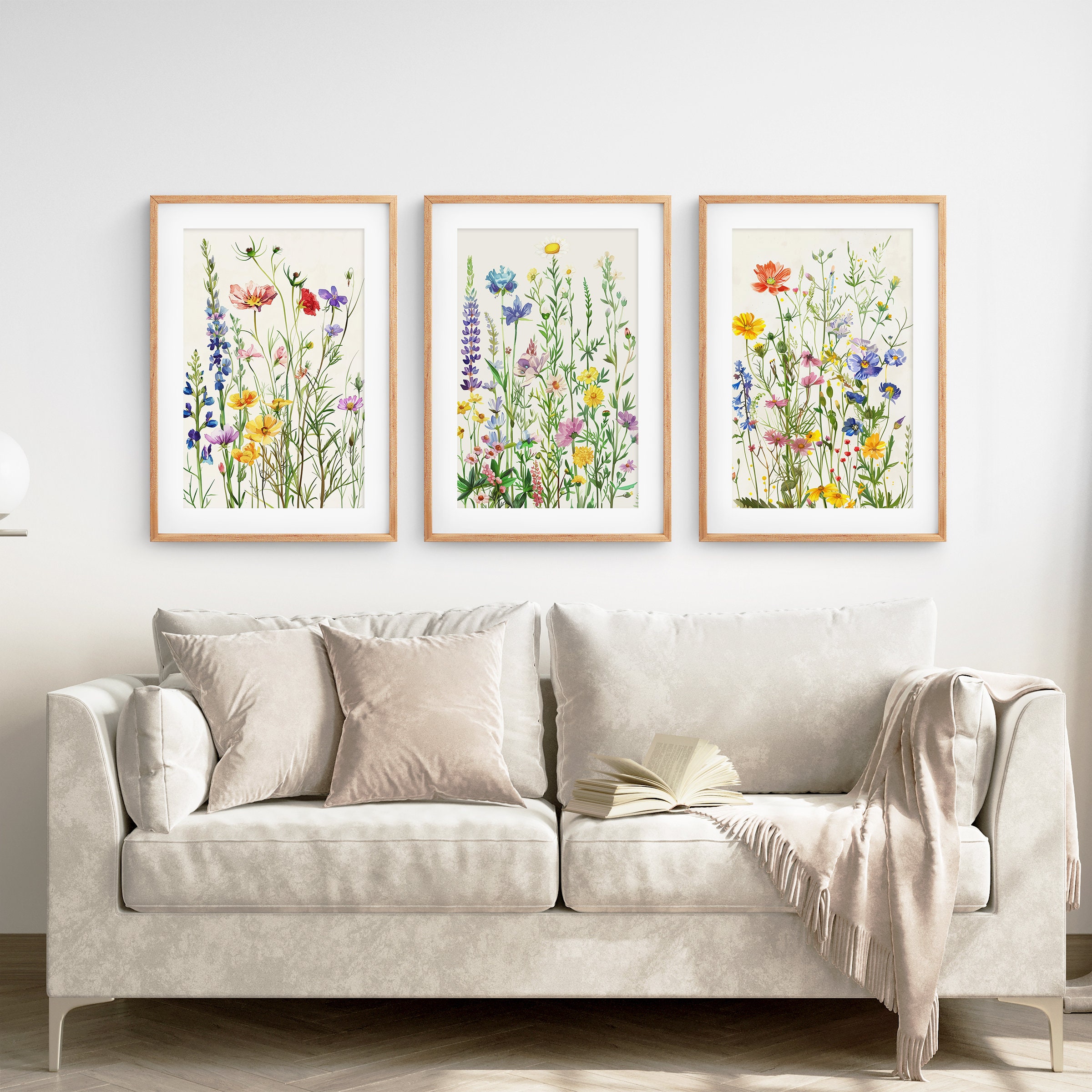 Wildflower Floral Wall Art, Watercolor Meadow Flowers Set of 3 Art ...