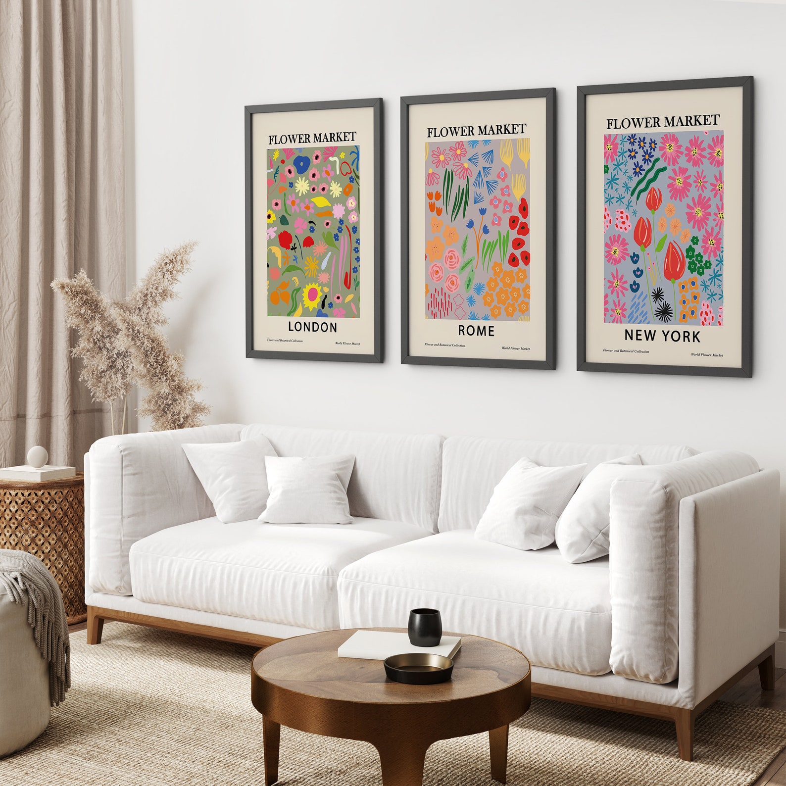 Flower Market Set of 3 Prints, Living Room Print, Flower Market London ...