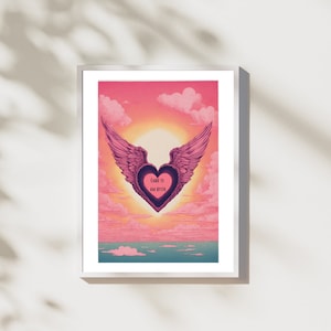 Puede incluir: Un corazón rosa con alas sobre un cielo de puesta de sol rosa y naranja. El corazón tiene las palabras "CARU TI AM BYTH" escritas en su interior.