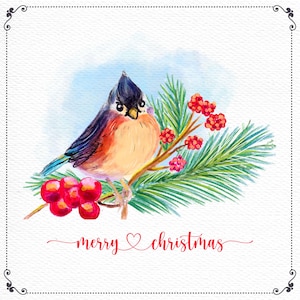 Tarjeta de Navidad, descarga instantánea, tarjeta de felicitación navideña con pájaro en acuarela, imprimible, tarjeta de celebración rústica digital, png, dwg, pdf, jpg,