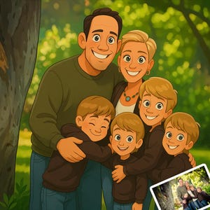 Retrato de desenho animado personalizado no estilo Pixar | Arte digital personalizada de casais, famílias e animais de estimação | Ilustração de presente exclusiva