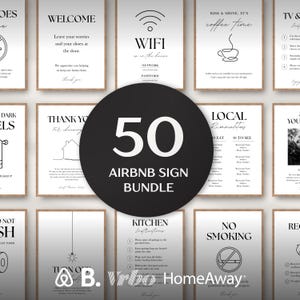 May include: A collection of 50 printable signs for rental properties, featuring black text and line art icons on white backgrounds. The signs include instructions for WiFi, kitchen rules, local recommendations, and house policies, all presented in a bundle.