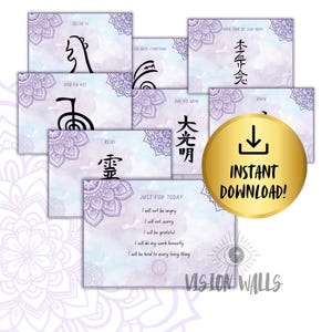 May include: A collection of Reiki symbols and affirmations on cards with a watercolor background. The cards feature Japanese characters and English text, with a gold "Instant Download" button. The design includes a mandala and the text "Vision Walls."