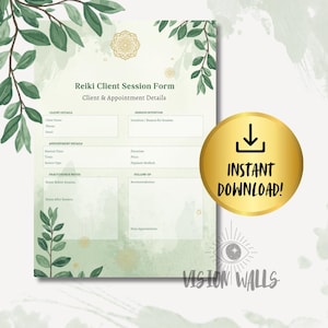 Op de afbeelding: Een Reiki Client Sessie Formulier met Klant & Afspraak Details. Het formulier heeft secties voor klantgegevens, afspraakgegevens, aantekeningen van de behandelaar en follow-up informatie. Een gouden cirkel met de tekst "INSTANT DOWNLOAD!" staat rechts.