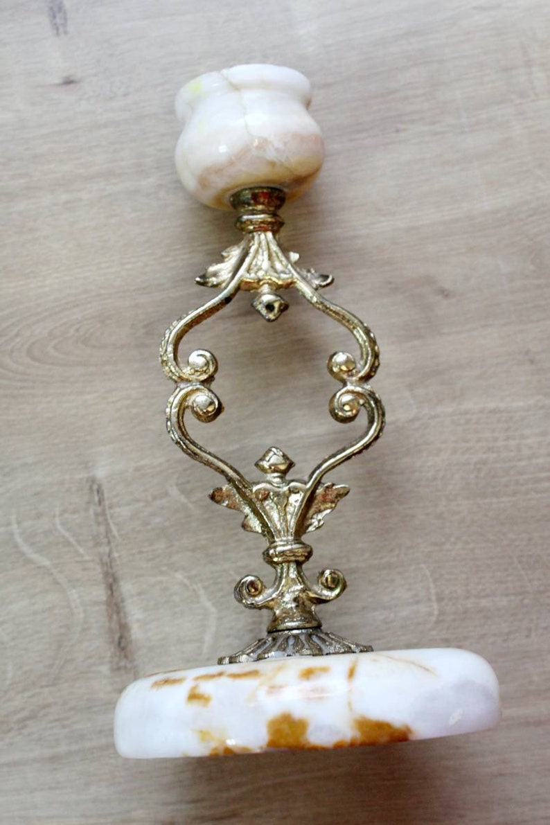 Rare Candlestick Hollywood Regency Exquisite Brass and Onyx Marble