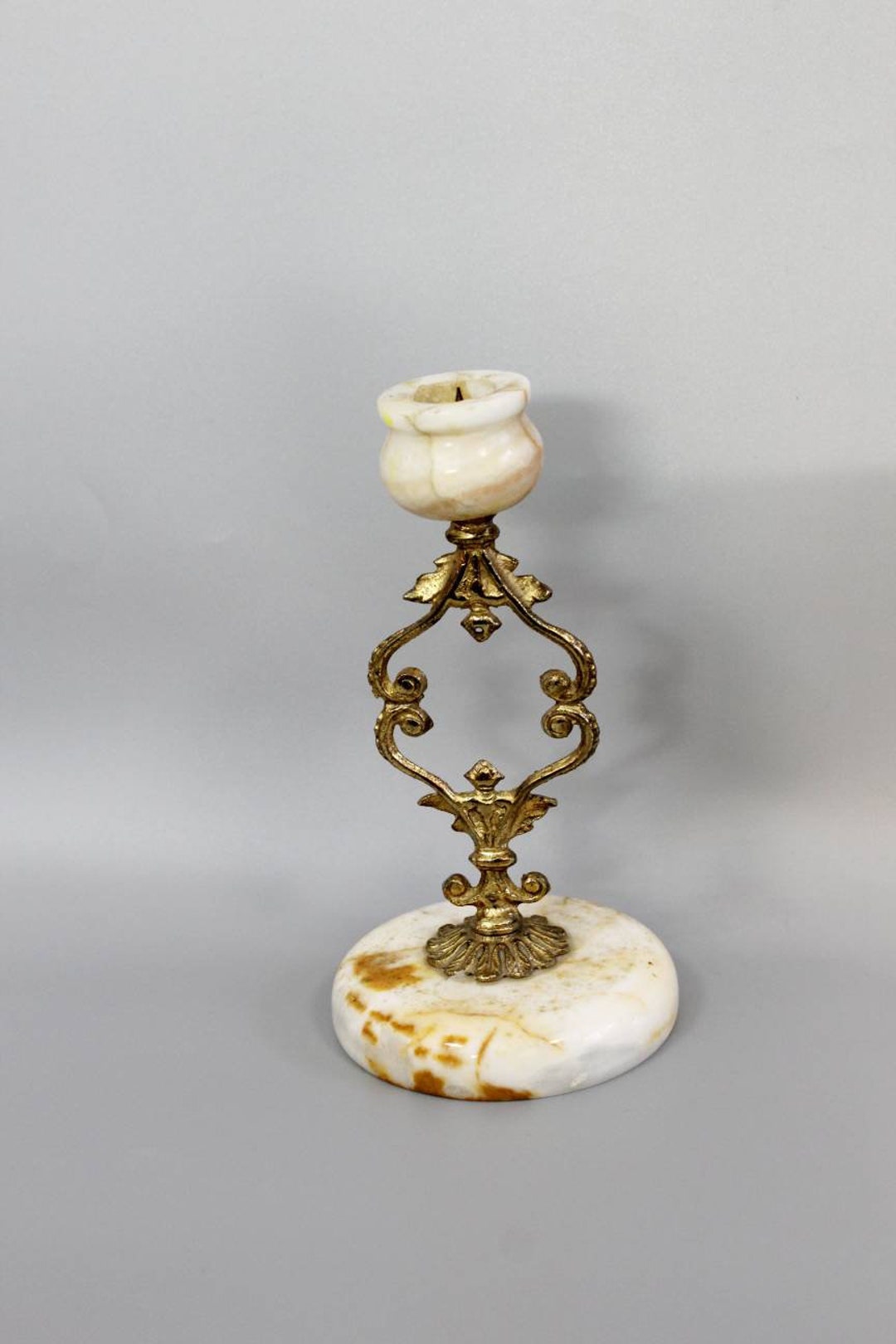 Rare Candlestick Hollywood Regency Exquisite Brass and Onyx Marble