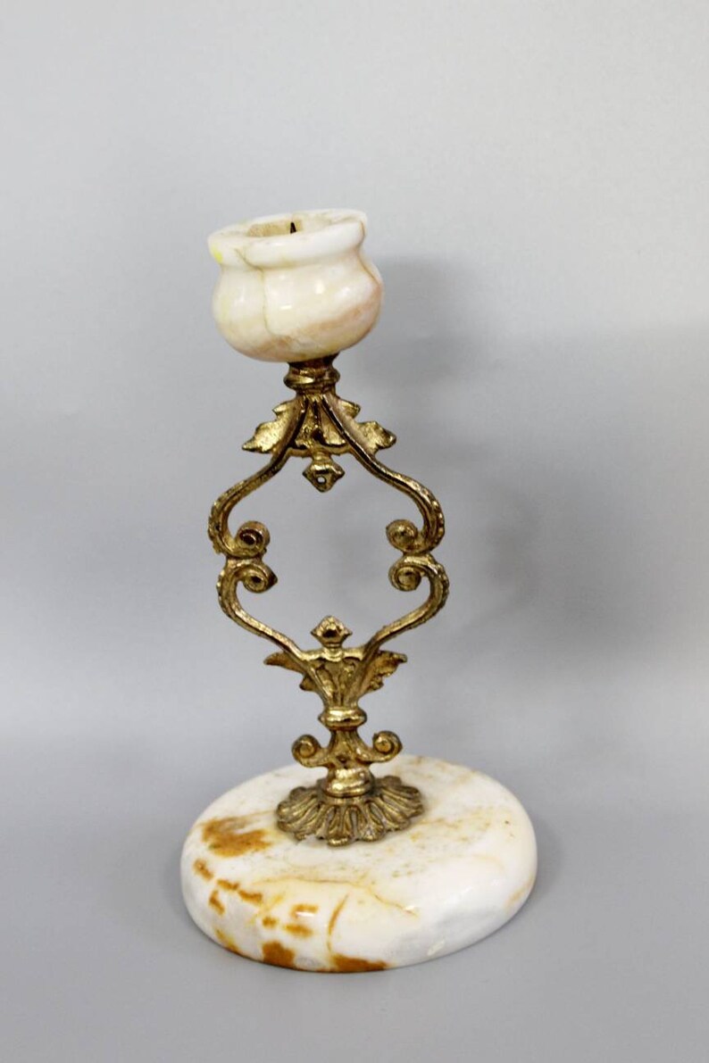 Rare Candlestick Hollywood Regency Exquisite Brass and Onyx Marble