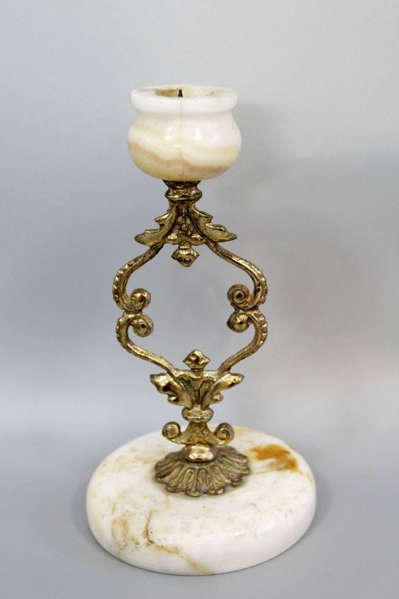 Rare Candlestick Hollywood Regency Exquisite Brass and Onyx Marble