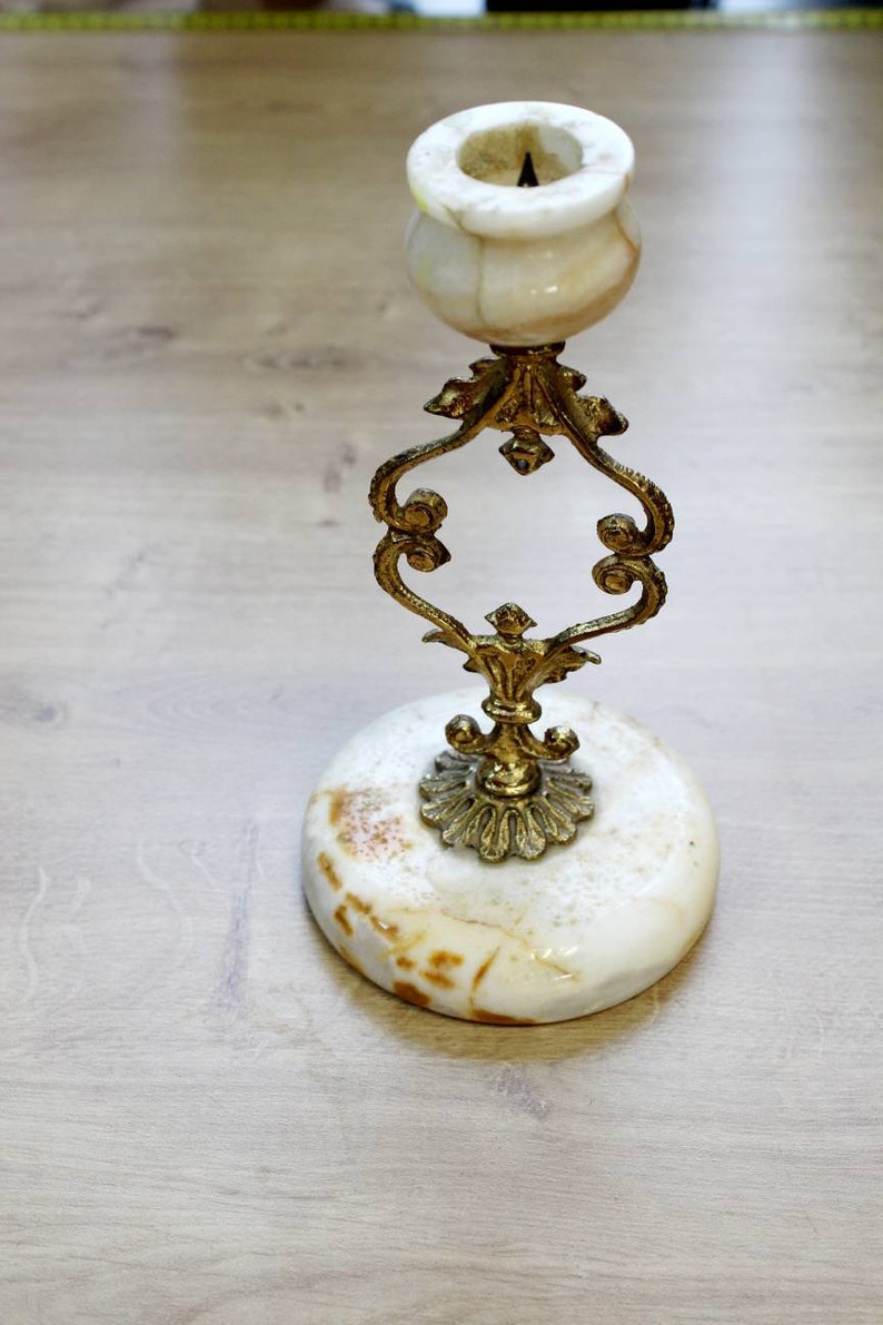 Rare Candlestick Hollywood Regency Exquisite Brass and Onyx Marble