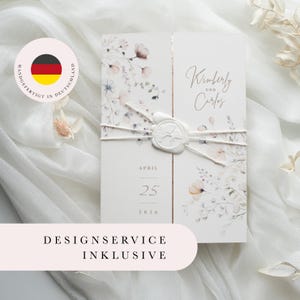 Einladung Klappkarte, bunte Sommer Blumen im Boho Stil, Wachssiegel + Band, schlicht & elegant, personalisiert, Zart Creme, Hochzeitskarte