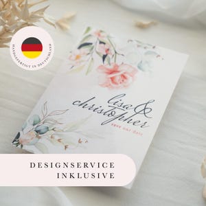 Aquarell Save-the-Date Karte Rose Eukalyptus, personalisiert, Watercolor, Büttenstruktur/ Aquarellpapier, Hochzeit, Hochzeitskarte, Din A6