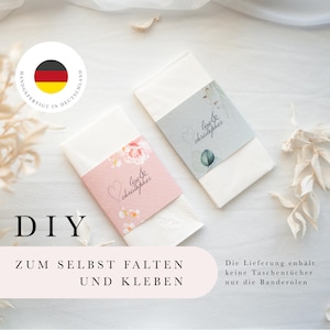 DIY Taschentücher Banderolen Aquarell, personalisiert, Rose, Eukalyptus, zum selbst Falten und Kleben, Freudentränen, Kirche, Hochzeit, 5 cm