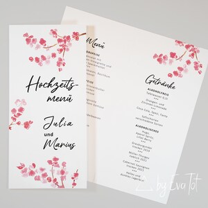 Moderne Menükarte und Getränkekarte, Hochzeitspapeterie, Kirschblüte, Restaurant, aufklappbar, Japan, Recyclingpapier, Watercolor, Tischdeko
